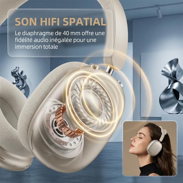 Cuffie wireless - FINGERTIME - Bluetooth 5.4 - Durata della batteria 80 ore - Cancellazione del rumore ANC - Comfort silenzioso - Oro champagne
