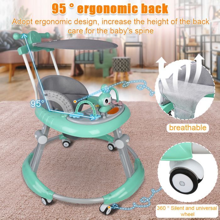Andador para bebé niño MIPAN - Andador plegable con luz y música - Ajustable - Para bebés de 6 a 18 meses - Verde