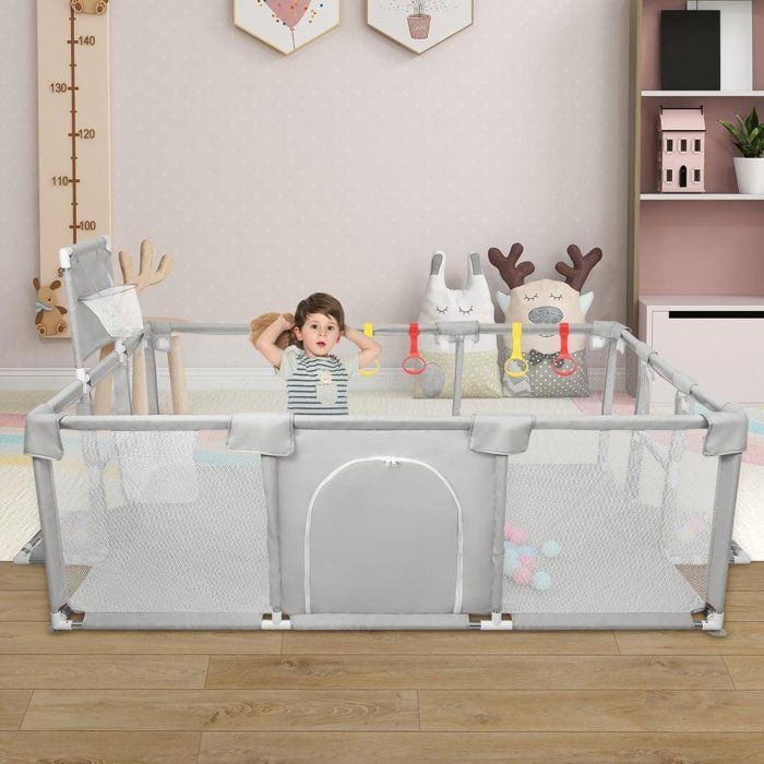 Parque infantil XUANYU, parque infantil modular plegable XXL con barreras/redes/pelota de playa/4 asas - Gris claro