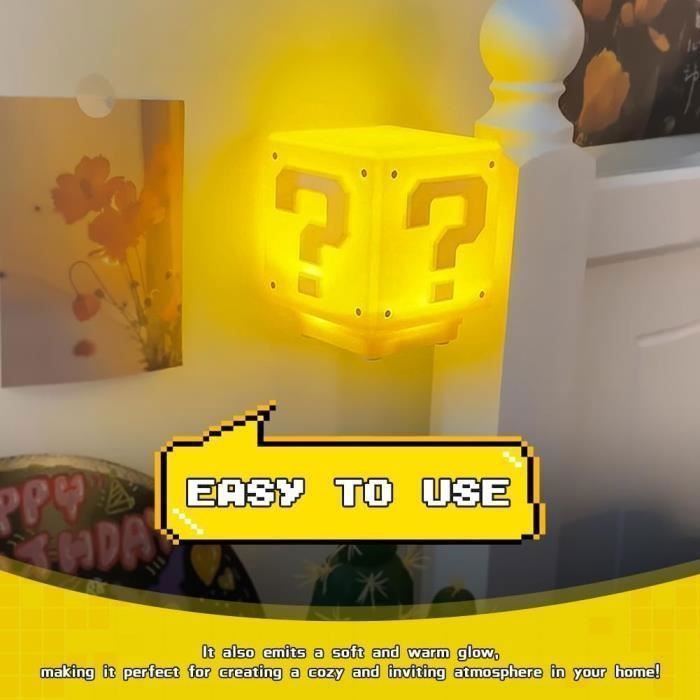 Mini lámpara con forma de bloque de interrogación de Mario, luces LED en forma de cubo con el mismo sonido de moneda dorada del juego, luz nocturna infantil.