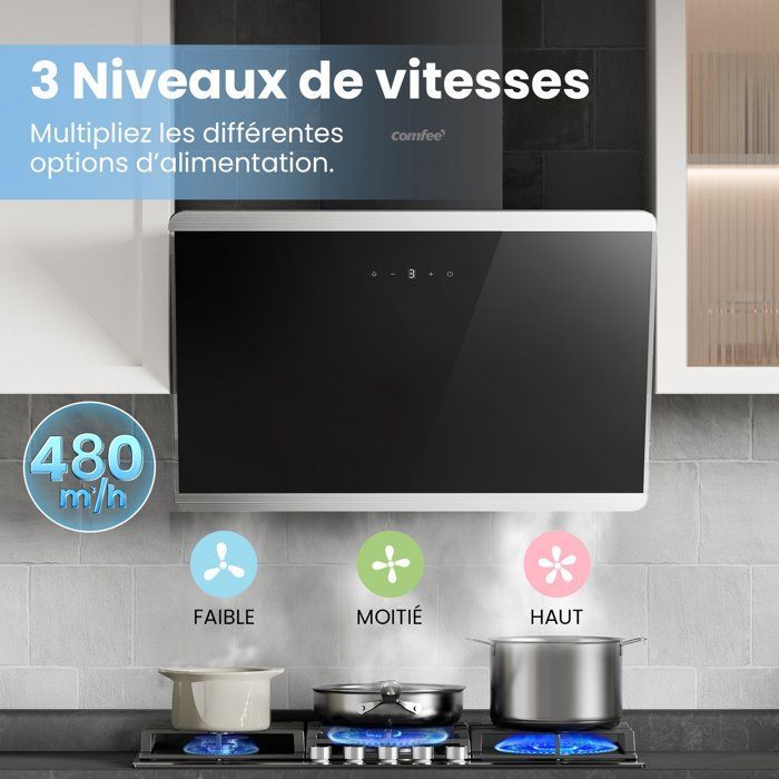 Exaustor de Cozinha Angular Comfee 60cm - 480m³/h - Classe Energética A++ - Controles por Toque - 3 Velocidades - 2 Filtros de Carvão - Vidro Preto
