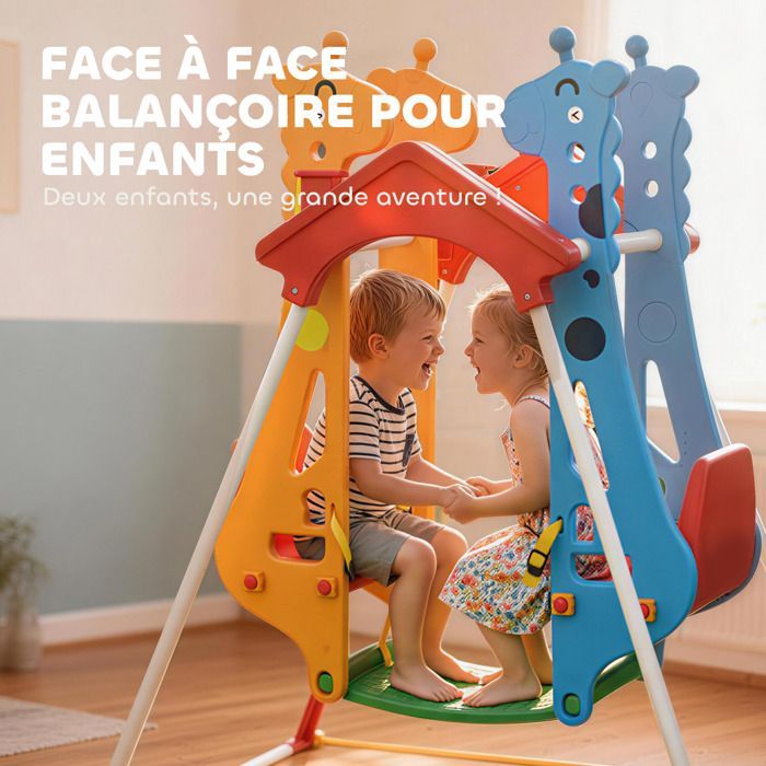 Columpio infantil - AIYAPLAY - Asiento doble enfrentado - Capacidad de carga de 30 kg - Estructura de acero - 114 x 94 x 134,5 cm - Multicolor