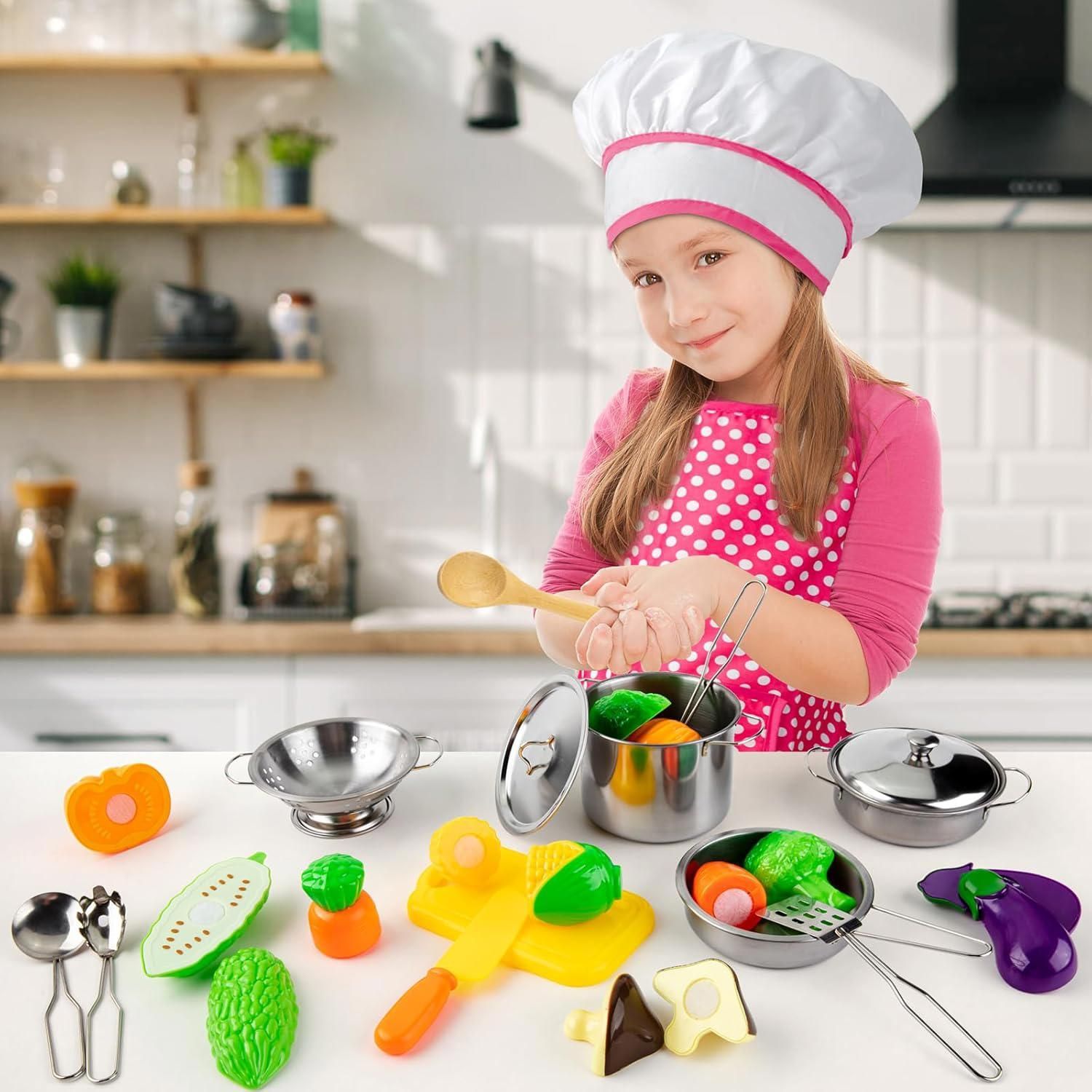 Children's Kitchen Accessory, Chef Role Play Set, Toy Kitchen Utensils with Stainless Steel Pots and Pans