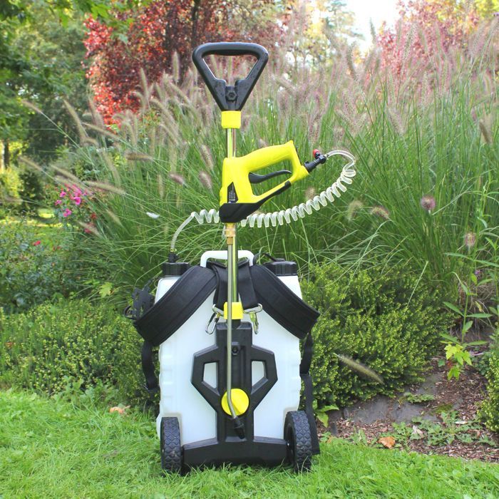 FISHTEC 16L Elektro-Sprühgerät auf Rädern und mit Rückentragefunktion, wiederaufladbarem Akku, 40 cm Lanze, Garten/Dach