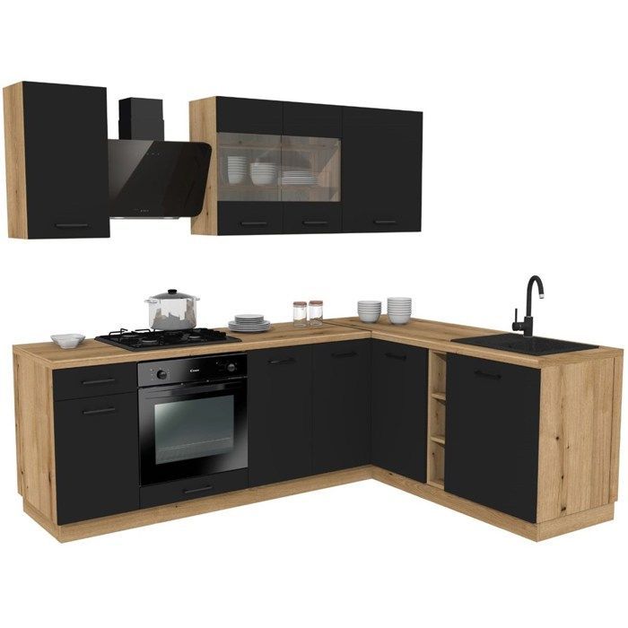 VARIO - Conjunto de muebles de cocina de esquina – 240 x 180 cm – Negro/Roble – Encimera incluida – Electrodomésticos no incluidos