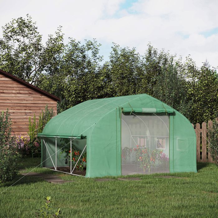 Serre de jardin tunnel - Outsunny - 10,4 m² - porte zippée enroulable fenêtres en maille - anti-UV - 350 x 300 x 200 cm - vert