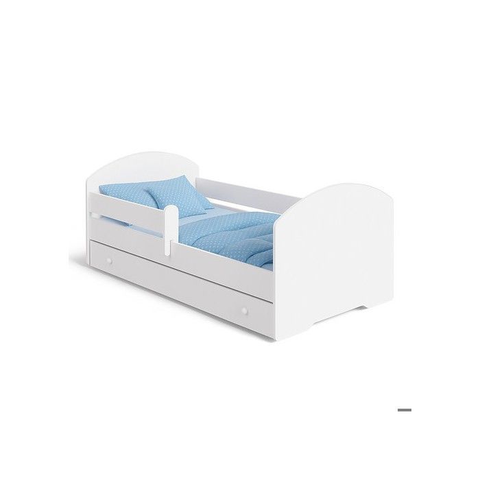 Cama infantil LUK blanca de 70x140 cm con barandilla, somier de láminas y cajón – cama para niñas y niños.
