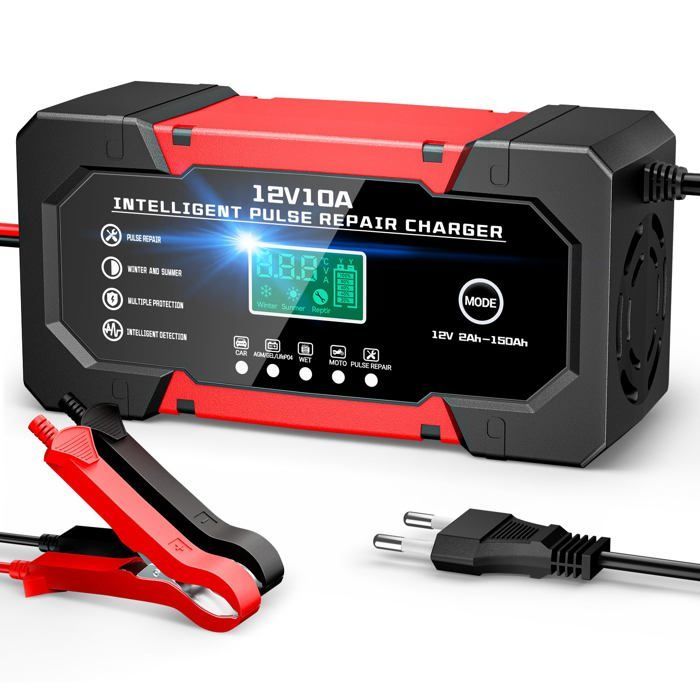 Cargador de baterías AIMOONSA - 10A 12V - Compatible con LiFePO4/GEL/AGM - Pantalla LCD y modo de reparación