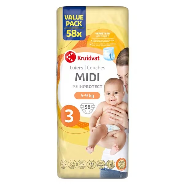 Kruidvat 3 Midi пелене, повољно паковање, величина 3 (4-9 кг), 58 комада