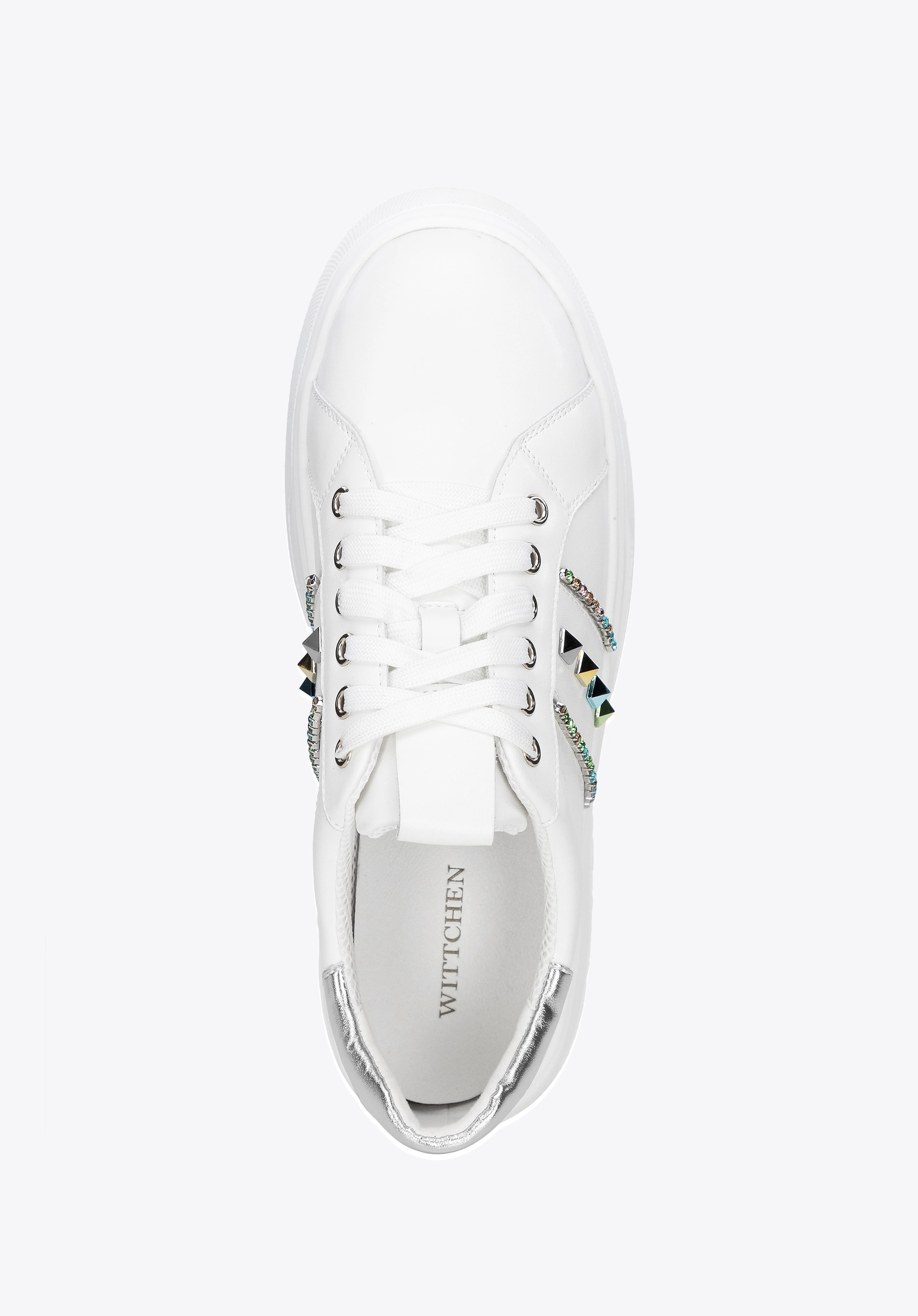 Sneakersy z imitacji skóry z ozdobami biało - srebrne