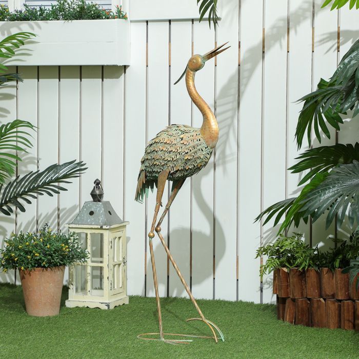 Reiger tuinbeeld - Outsunny - metaal, 90 cm - voor vijver, terras, tuin, gazon - meerkleurig