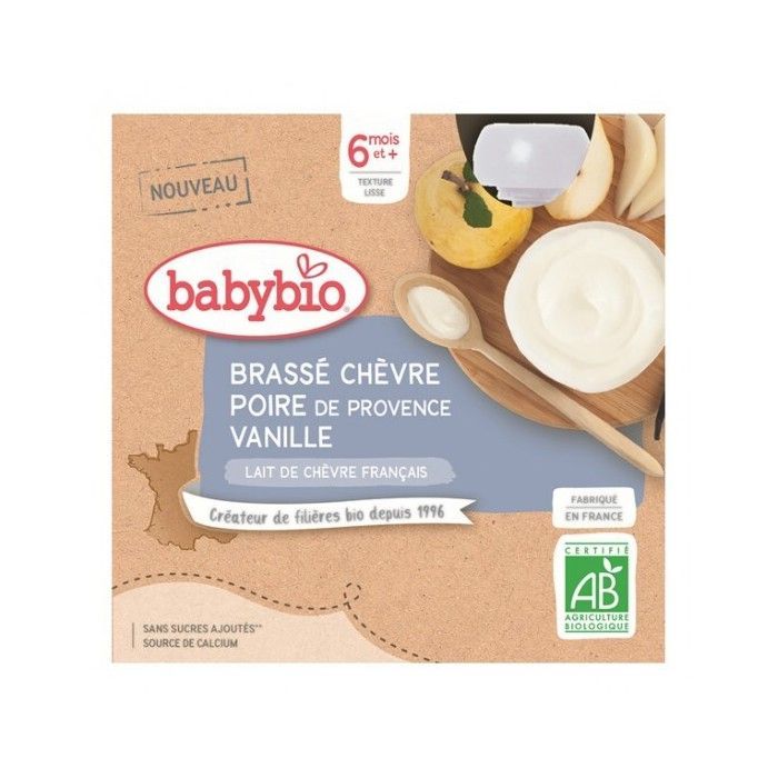 Babybio yogur batido de queso de cabra, pera y vainilla, a partir de 6 meses, 4 bolsitas de 85 g.