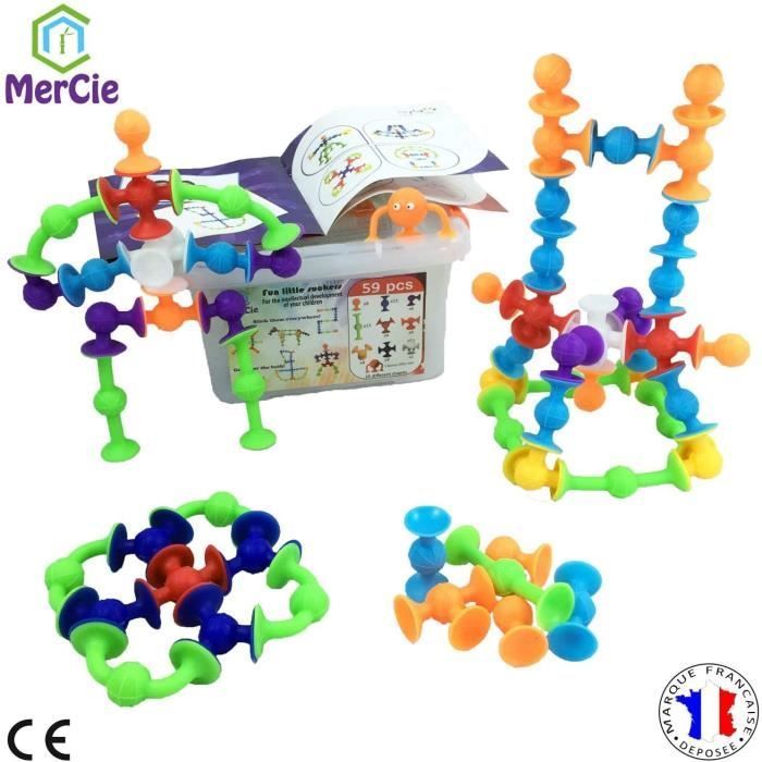 Jeu de Construction éducatif et créatif - MERCIE - 59 pcs - Silicone souple - Idéal pour bain