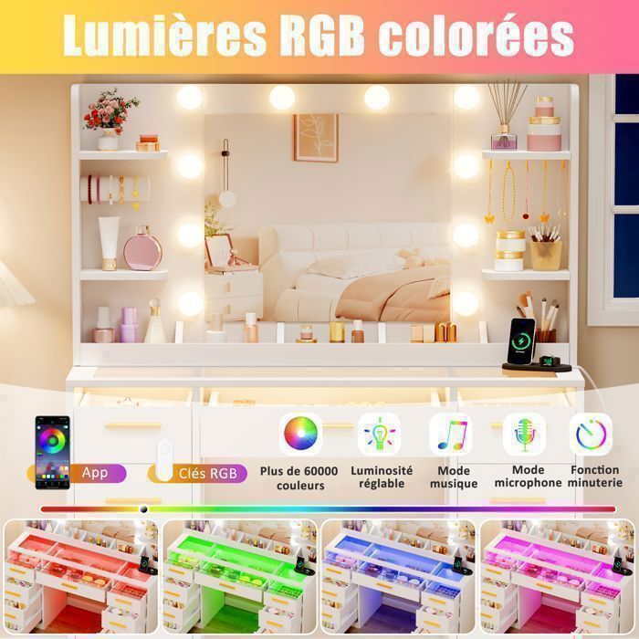 Coiffeuse Grande avec Miroir , LED Réglable, Prise et Port USB, 9 Tiroirs, 105X40X140cm，Blanc