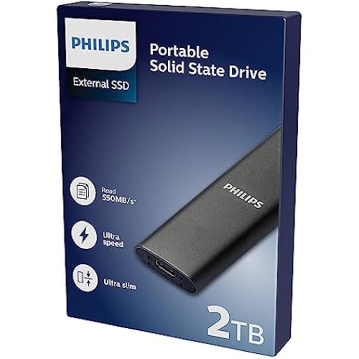 SSD Externe - PHILIPS - 2 To - Ultra Fin - Vitesse de Lecture 550 Mo/s - USB-C