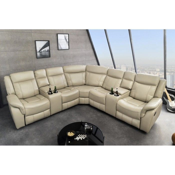 Canapé d'angle relax beige DOMUS – 2 relaxations avec coffres et porte-gobelets