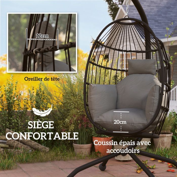 Silla colgante tipo huevo - Outsunny - interior y exterior - cesta plegable - cojín acolchado - estructura de acero - gris oscuro