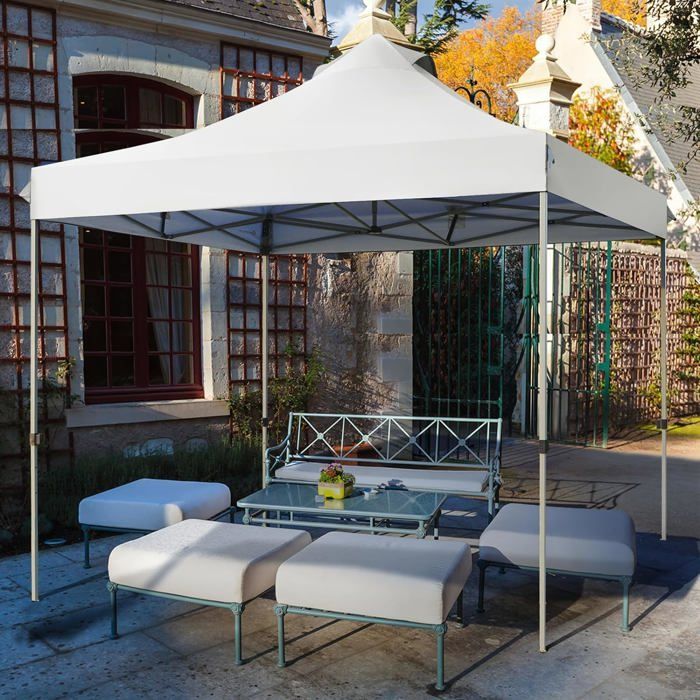 GOPLUS 3x3M Faltbarer Party-Pavillon, Pop-Up-Gartenpavillon, verstellbare Beine 305/320/335 cm, mit Rollentasche, Weiß