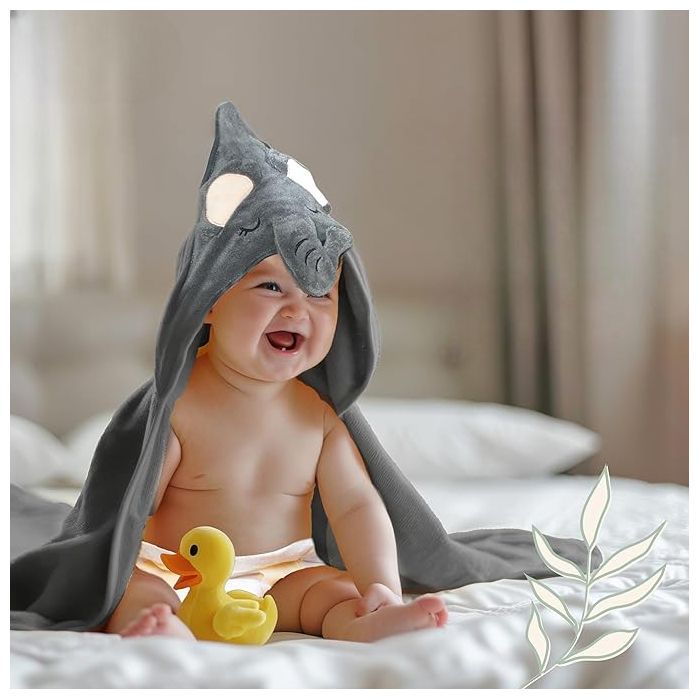 Toalla de baño con capucha para bebé con estampado de elefante gris, 90 cm.