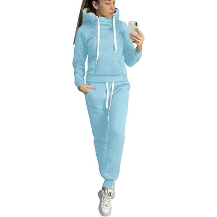 Survêtement Femmes Casual Ensembles Sportswear À Manches Longues Sweat-Shirt + Jogging Pantalon Sports pour Automne et Hiver Bleu