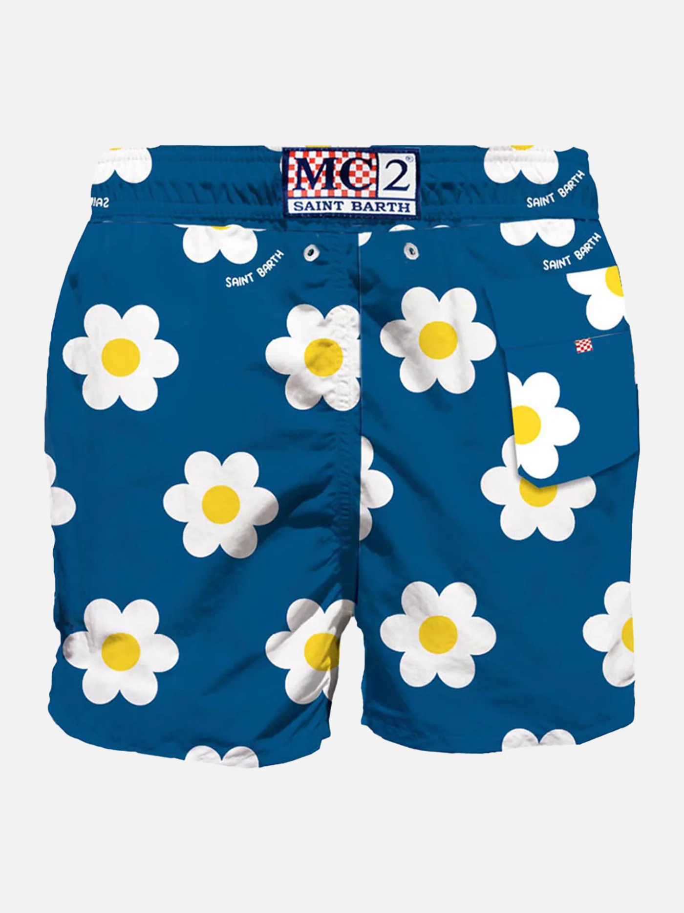 Man Classic Swim Shorts | Daisies Print on Blue Background | Mid-Length | Regular Fit | Internal Briefs | Elastic Waist | Drawstring | MC2 Saint Barth