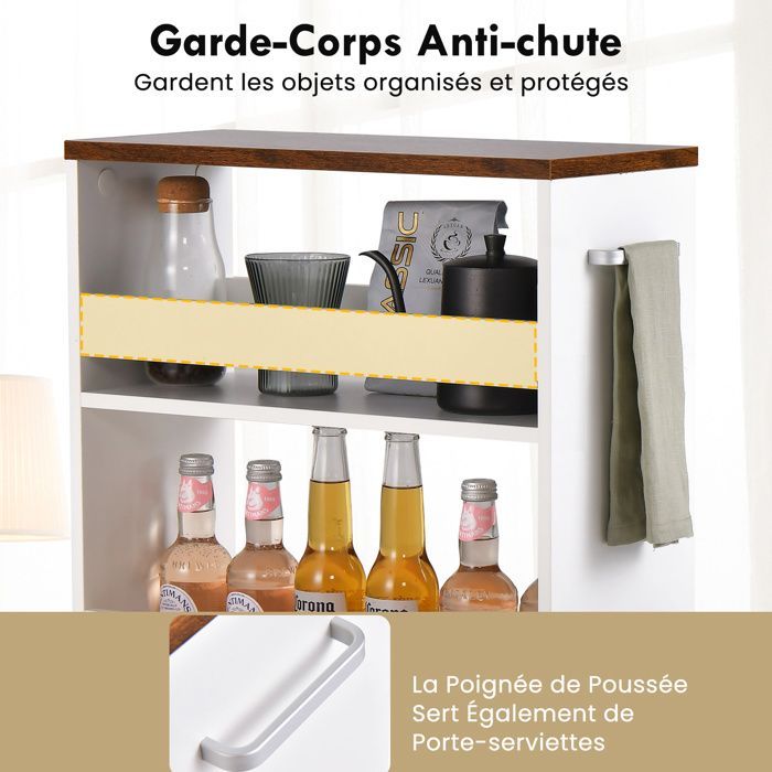 Desserte de Cuisine 20cm à Roulettes COSTWAY, Rangement Etroit à 4 Niveaux, Etagères Ouvertes, Poignée, pour Buanderie,Blanc Marron
