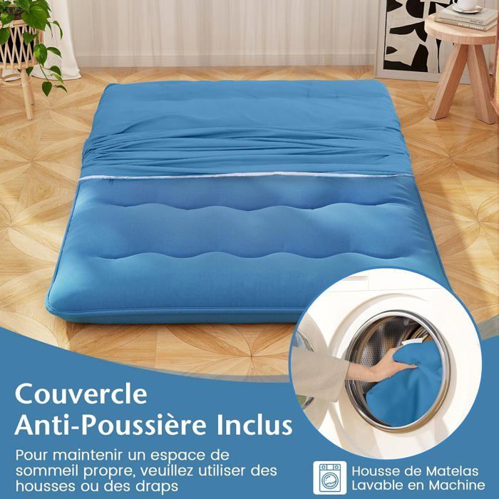 Colchón futón japonés COSTWAY 140x200CM - Cubrecolchón extraíble, colchón plegable para suelo - Hogar, autocaravana, dormitorio - Azul