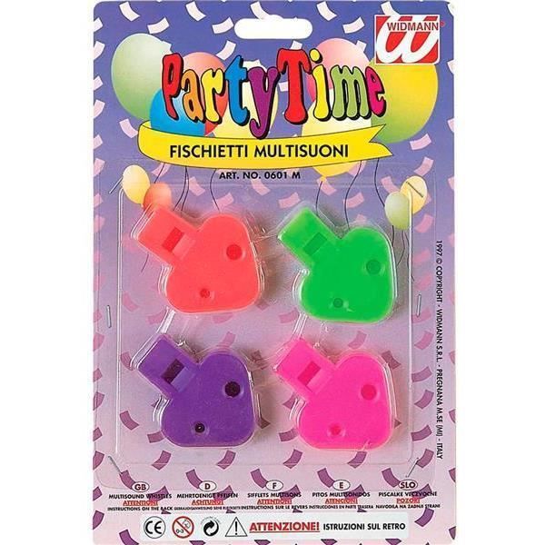 Juego de 4 silbatos multicolores para fiestas de feria - Piñata - Blancos y multicolores - Infantiles - Para exteriores - Unisex