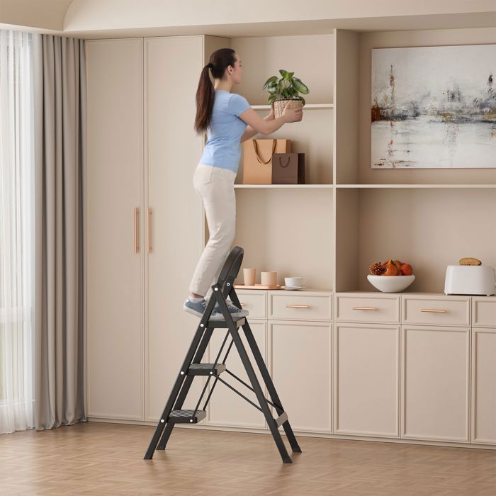 Escabeau Pliant 3 Marches en Aluminium Portable - échelle multi-usages - Charge 150KG - Avec tapis antidérapant