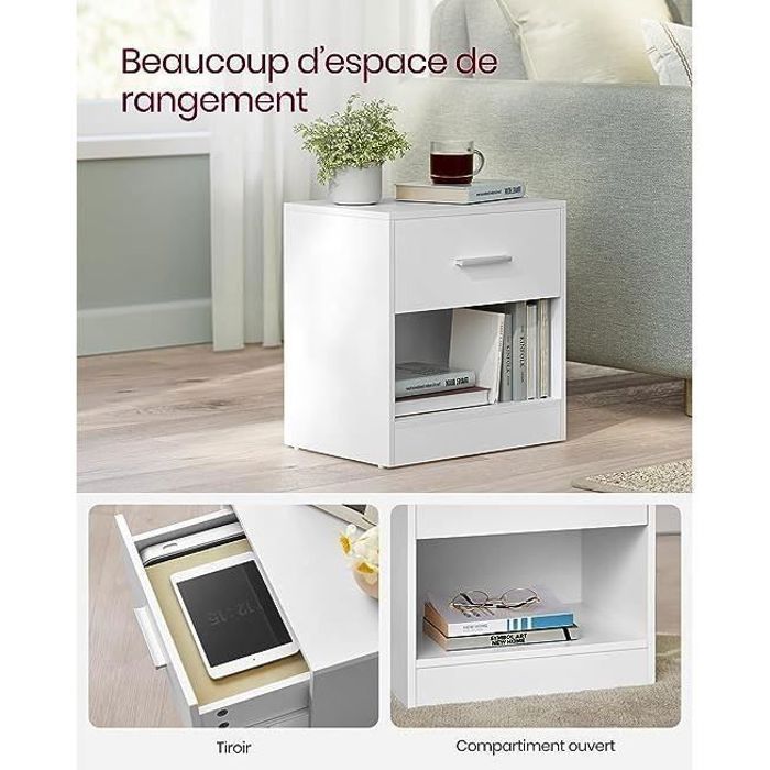 VASAGLE Table de Nuit, Lot de 2, avec Tiroir, Poignée, Compartiment Ouvert, Table d’Appoint, pour Chambre, Salon, Blanc Classique