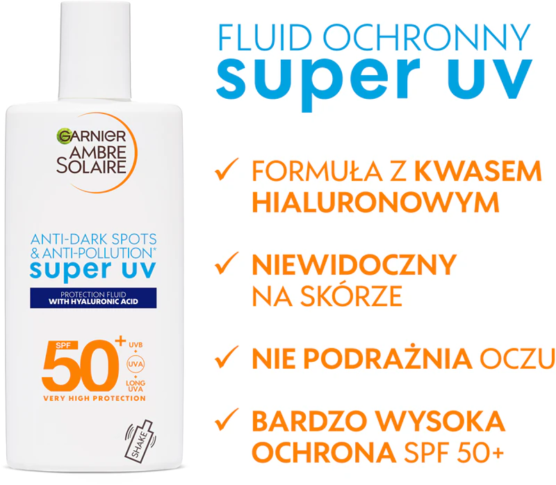 Легкий захисний флюїд Garnier Ambre Solaire Super UV з гіалуроновою кислотою та зволожуючим ефектом