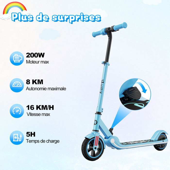 Monopattino elettrico per bambini RCB R11S, display a LED, luci al neon colorate, velocità e altezza regolabili, regalo ideale, blu