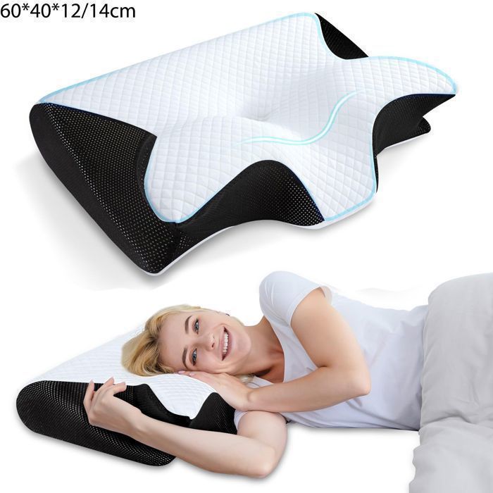 Almohada de espuma viscoelástica, soporte cervical ergonómico, para dormir de lado o boca arriba, 60x40x12/14cm, negra