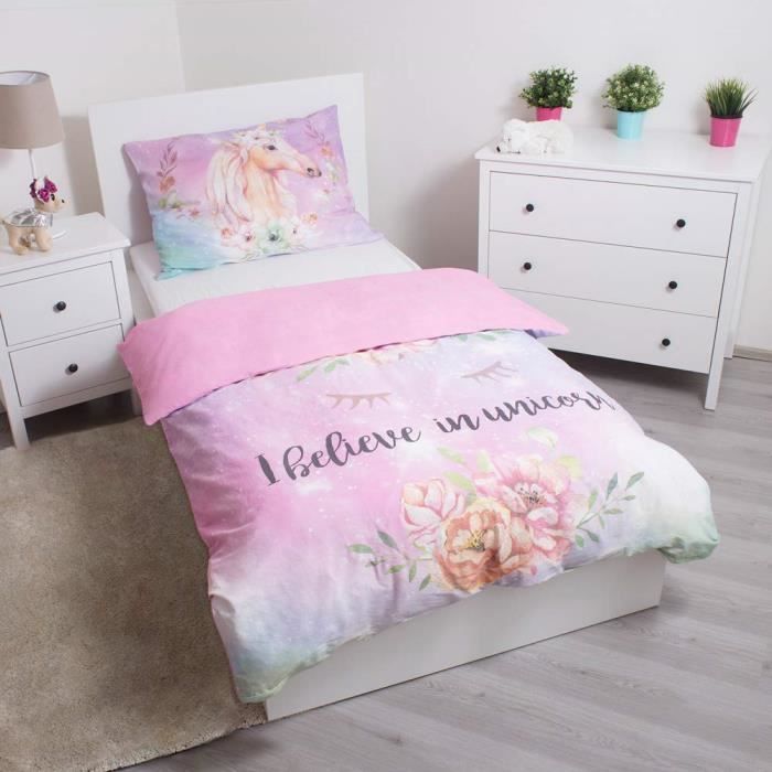 Juego de ropa de cama infantil de unicornio 100% algodón - Funda nórdica 140x200 + Funda de almohada 70x90 cm