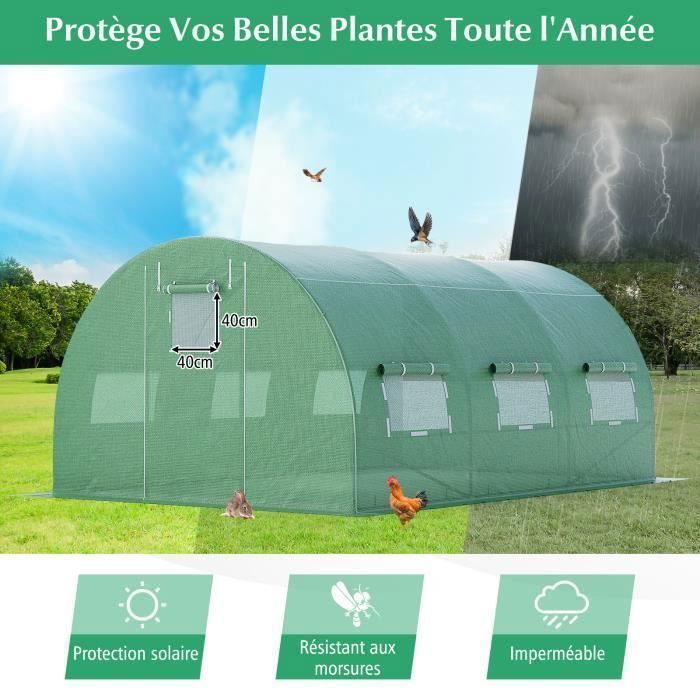COSTWAY 12m² Tunnel Greenhouse (3 x 4 x 2 m) in PE with a sturdy galvanized steel frame, double-sided zip closure, UV-resistant, and waterproof.