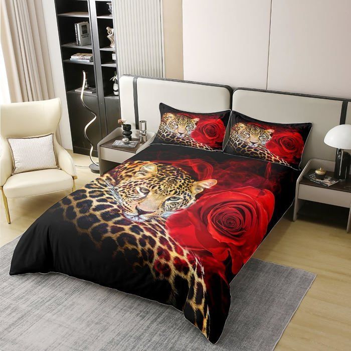 Juego de ropa de cama infantil, rosa y rojo, funda nórdica con estampado de guepardo y temática de vida salvaje, 140x200cm