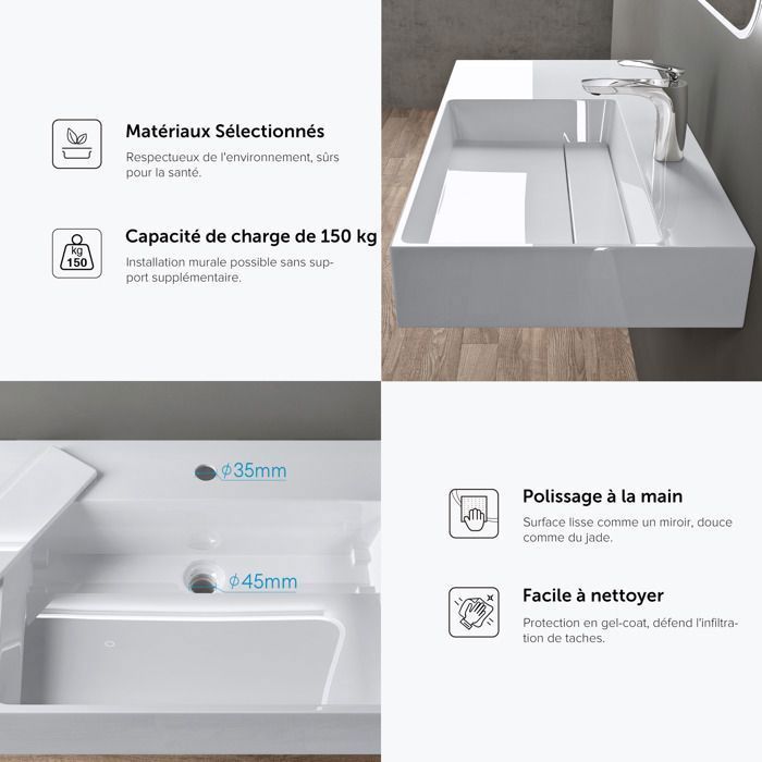 Lavabo mural blanco doporro de 75 cm, lavabo de encimera con desagüe, lavabo rectangular de 75 x 43 x 14 cm Colossum12-R