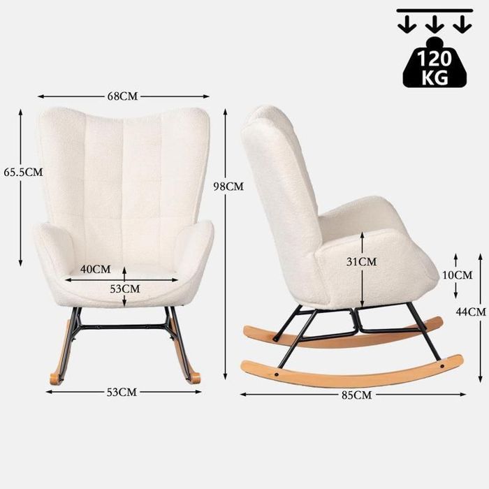 MEUBLES COSY Fauteuil à bascule allaitement scandinave avec accoudoirs en tissu mouton bouclette beige à surpiqûres - FUNKEL