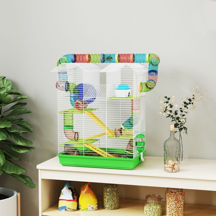 Cage pour hamster - PawHut - avec tunnel mangeoire roue jouet - pour souris petit animaux rongeur - 47 x 30 x 59 cm - vert