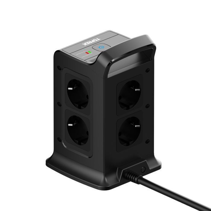 Tour Multiprise Parasurtenseur Parafoudre 8 Prises EU avec 3 USB-A Ports - Cordon de 2m avec Interrupteur - 16A/4000W  - Noir