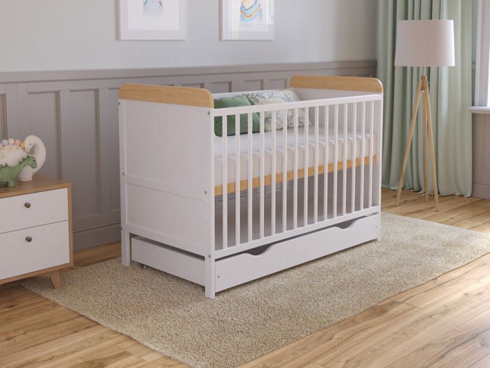 Cuna convertible con colchón - Cuna con cajón 120x60 cm Madera, Pino-Blanco