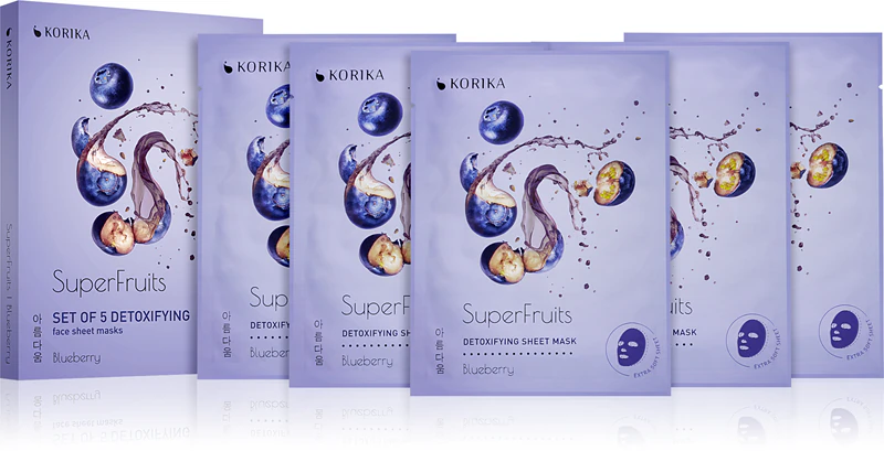 KORIKA SuperFruits Mirtilo - Conjunto de 5 Máscaras Faciais Detoxificantes - um conjunto de máscaras faciais com efeito detoxificante de mirtilo a um preço promocional.
