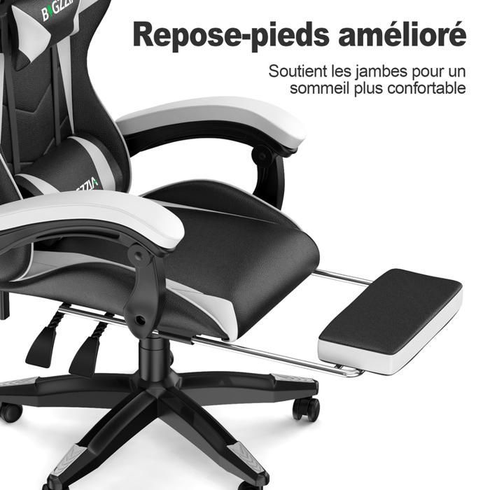 Sedia da ufficio gaming con poggiapiedi ergonomico, girevole a 90°, cuscino lombare e poggiatesta, regolabile in altezza.