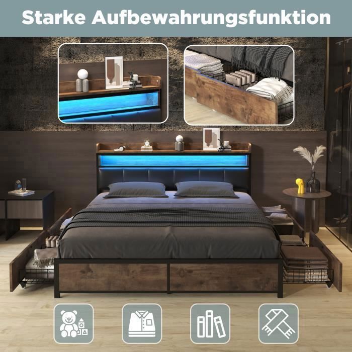 Cama tapizada - PERGAR - 180x200 cm - Cabecero LED - 4 cajones - Negro y madera