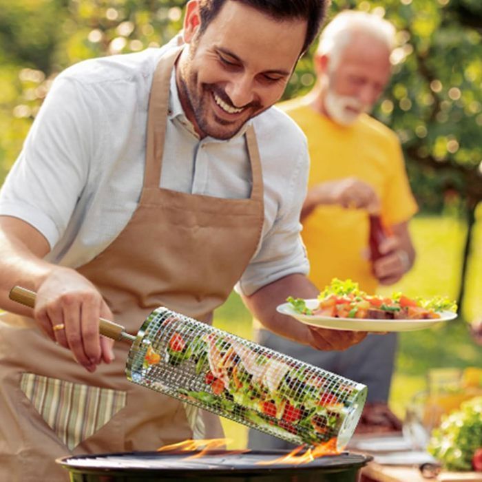 Accesorios para barbacoa - Juego de 2 cestas para barbacoa con asas de madera extraíbles, cestas cilíndricas para asar.