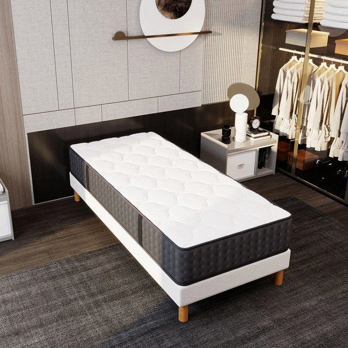 Base de cama + colchón COSMOS de 90x190 cm, altura 26 cm, espuma Techno Foam de alta densidad, confort equilibrado, 4 patas incluidas.