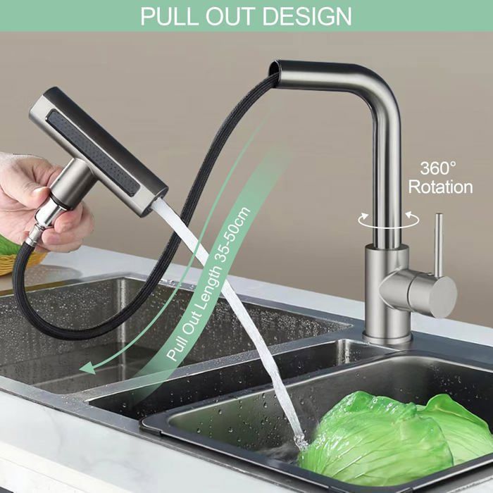 Rubinetto da cucina con doccetta estraibile, girevole a 360°, miscelatore da cucina in acciaio inox di alta qualità con 4 modalità di getto.