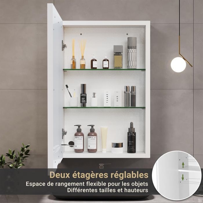 Armoire Murale de Salle de Bain avec LED Miroir, Meuble Salle de Bain Rangement avec 1 Porte, Blanc, 50x15x70 cm