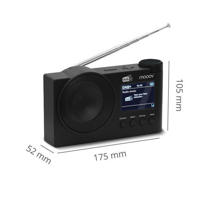 MOOOV 477254 Draagbare Bluetooth DAB/DAB+ radio met wekkerfunctie - Voeding via oplaadbare batterij of USB-C kabel - Zwart