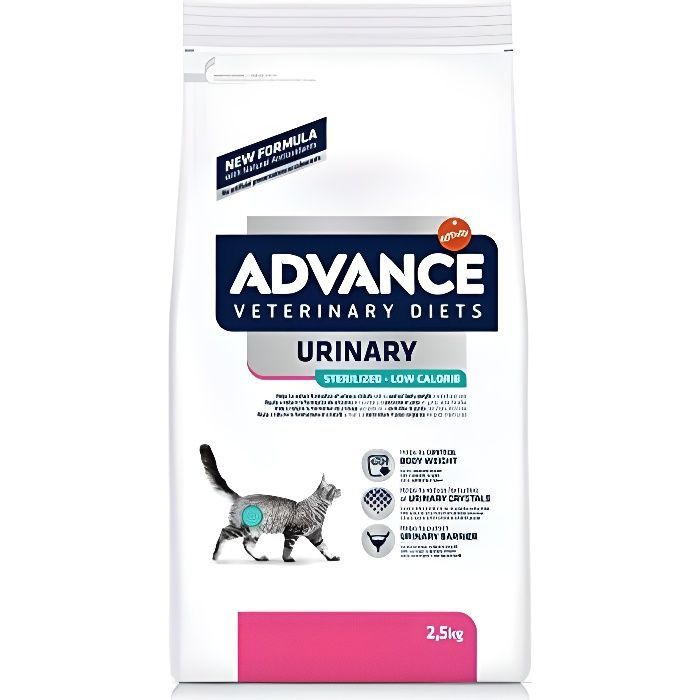 Advance Croquettes Chat Adulte Urinary Low Calorie 2,5 kg — Riche en fibres, Oméga‑3, Vitamine E